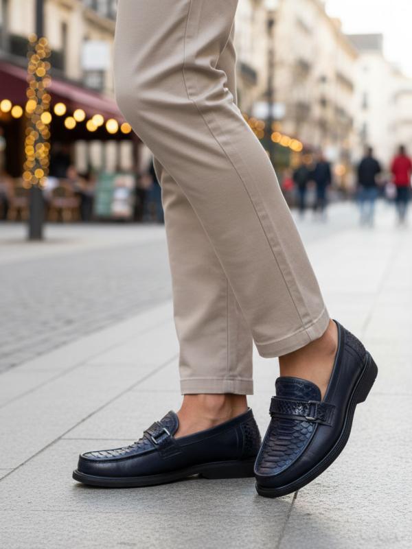 Təbii Dəri Kişi Mokasin Ayaqqabı - İlan Dərisi Effektli Tünd Göy Model