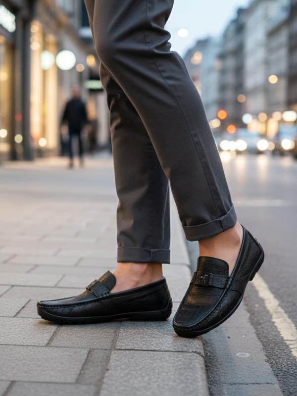 Qara Timsah Naxışlı Metal Loqolu Kişi Loferi