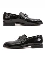 Premium Black Patent and Textured Genuine Leather Classic Men's Shoes with Metal Accessory