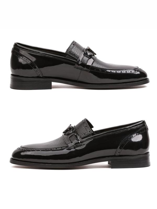 Premium Black Patent and Textured Genuine Leather Classic Men's Shoes with Metal Accessory