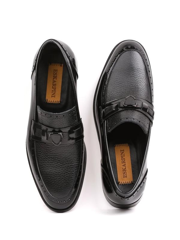 Premium Black Patent and Textured Genuine Leather Classic Men's Shoes with Metal Accessory