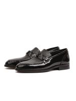 Premium Black Patent and Textured Genuine Leather Classic Men's Shoes with Metal Accessory