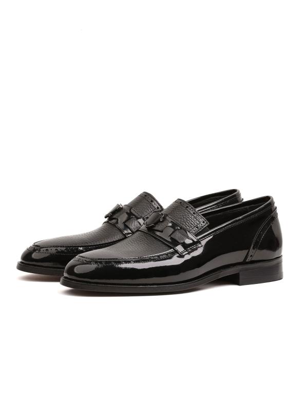 Premium Black Patent and Textured Genuine Leather Classic Men's Shoes with Metal Accessory