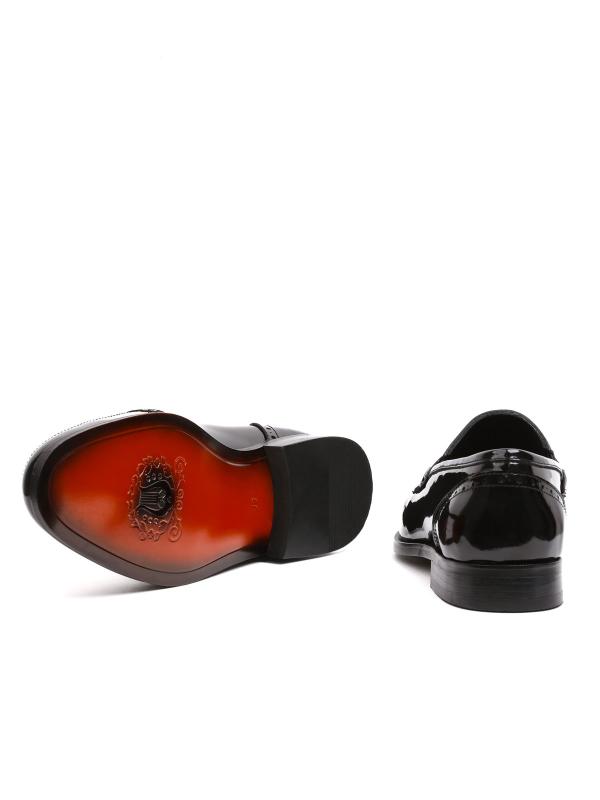 Premium Black Patent and Textured Genuine Leather Classic Men's Shoes with Metal Accessory