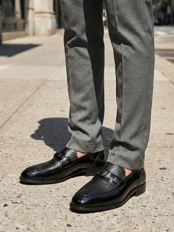 Premium Black Patent and Textured Genuine Leather Classic Men's Shoes with Metal Accessory
