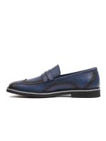 Premium Genuine Leather Dark Blue Brogue Detailed Metal Buckle Men's Loafer