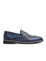 Premium Genuine Leather Dark Blue Brogue Detailed Metal Buckle Men's Loafer