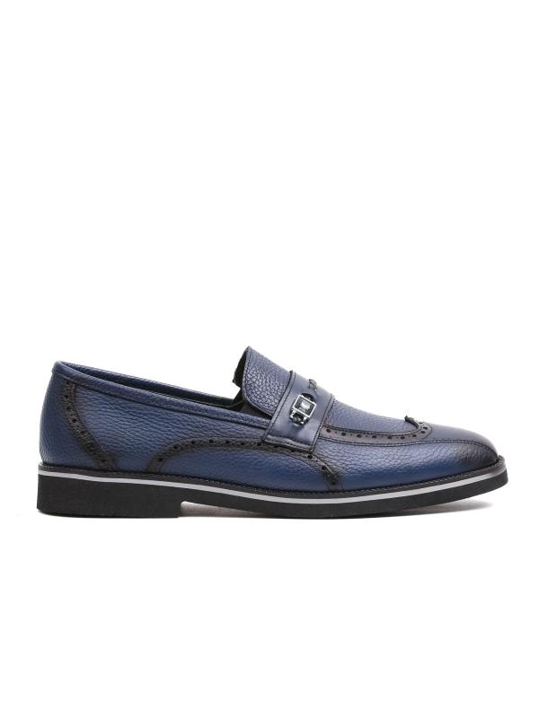 Premium Genuine Leather Dark Blue Brogue Detailed Metal Buckle Men's Loafer