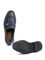 Premium Genuine Leather Dark Blue Brogue Detailed Metal Buckle Men's Loafer