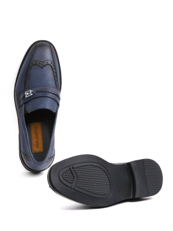 Premium Genuine Leather Dark Blue Brogue Detailed Metal Buckle Men's Loafer