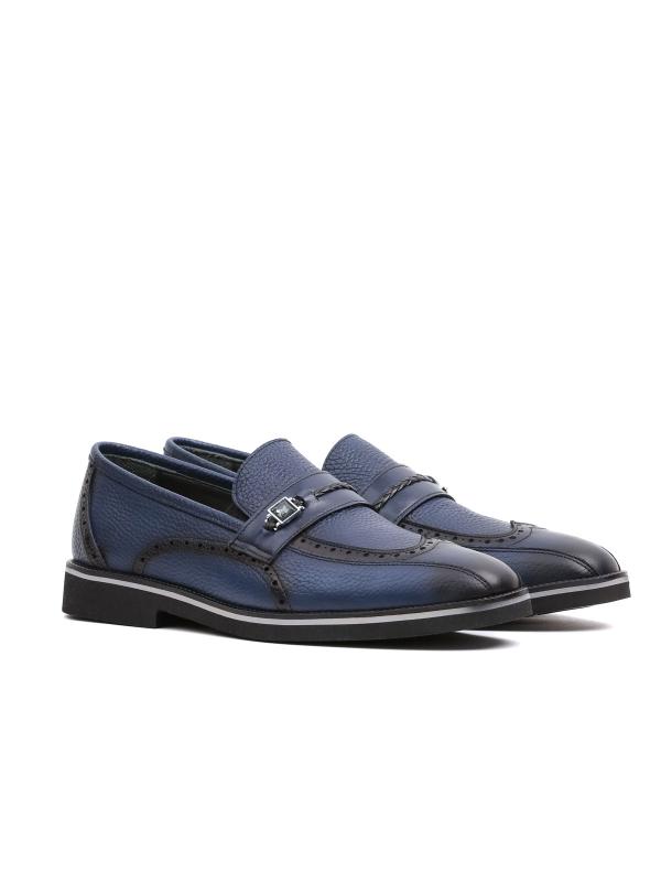 Premium Genuine Leather Dark Blue Brogue Detailed Metal Buckle Men's Loafer