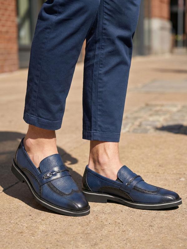 Premium Genuine Leather Dark Blue Brogue Detailed Metal Buckle Men's Loafer