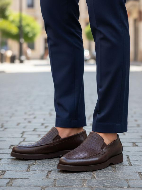 Eskarpini Təbii Dəri Kişi Loferi – Qəhvəyi Həndəsi Naxışlı