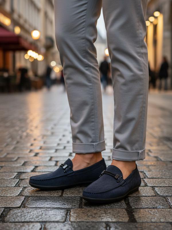 Metal Aksesuarlı Təbii Zamşa Tünd Göy Kişi Mokasin