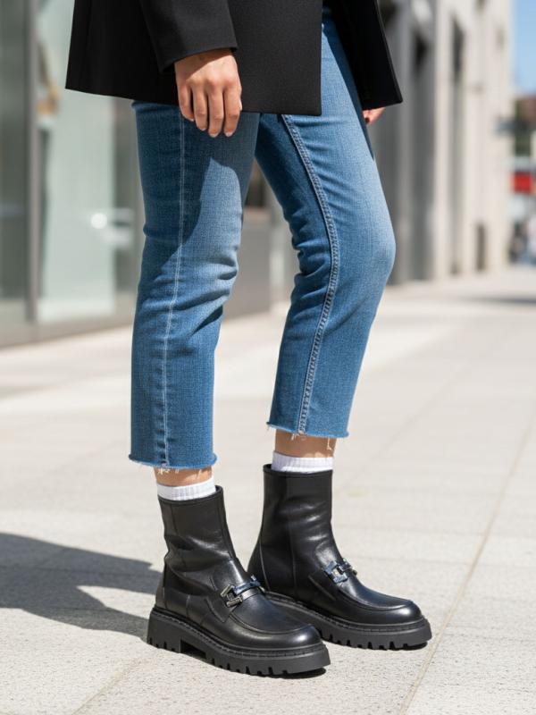 Qara Təbii Dəri, Zəncir Detallı Qalın Altlıqlı Qadın Botu