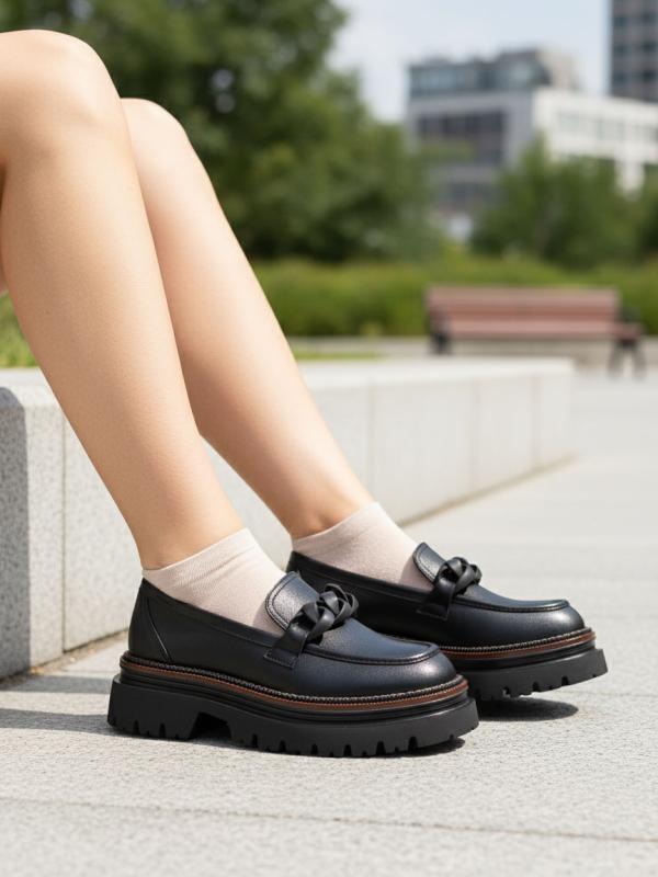 Женские лоферы из черной натуральной кожи с цепочкой и толстой подошвой