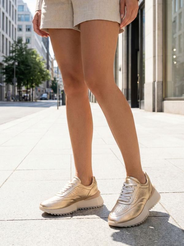 Gold Premium Doğal Deri Platform Kadın Sneaker