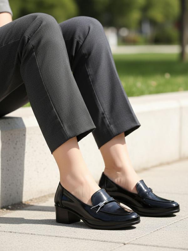 Qara Təbii Dəri Metal Aksessuarlı Qadın Topuqlu Loafer