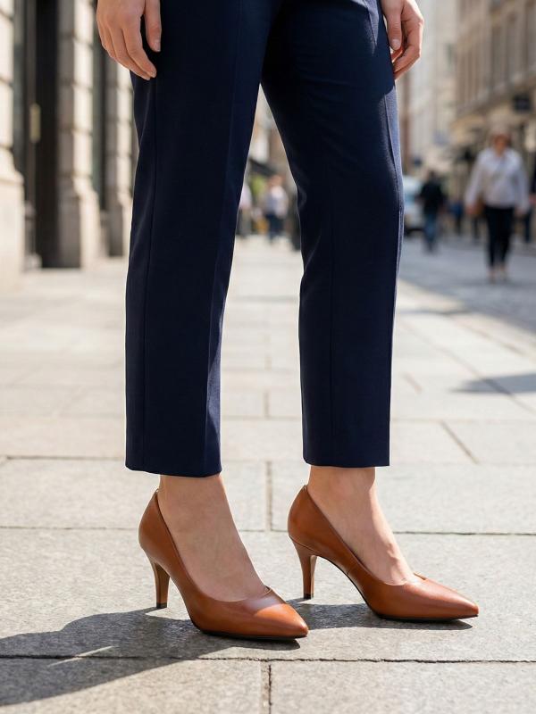 Doğal Deri Taba Rengi Klasik Topuklu Ayakkabı - 6 cm