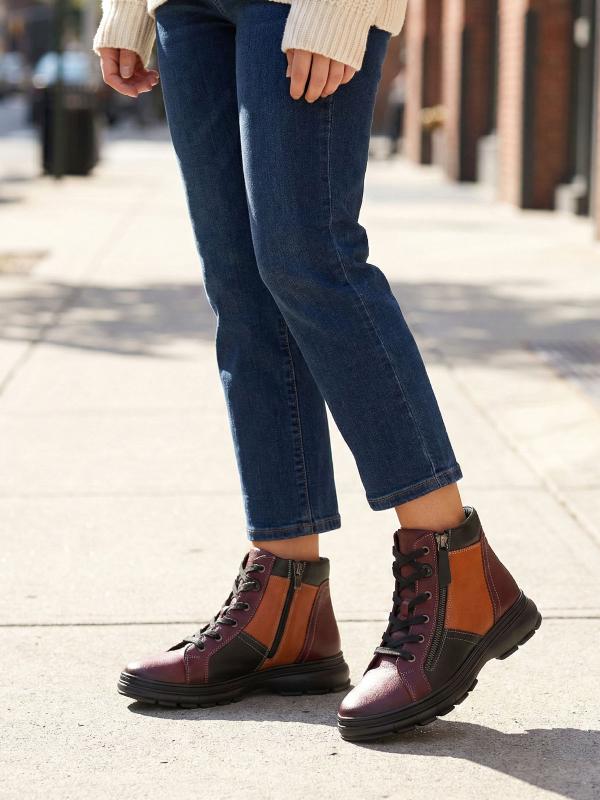 Trio Style Təbii Dəri Qadın Botu – Bordo, Qara və Narıncı Kombinasiyalı