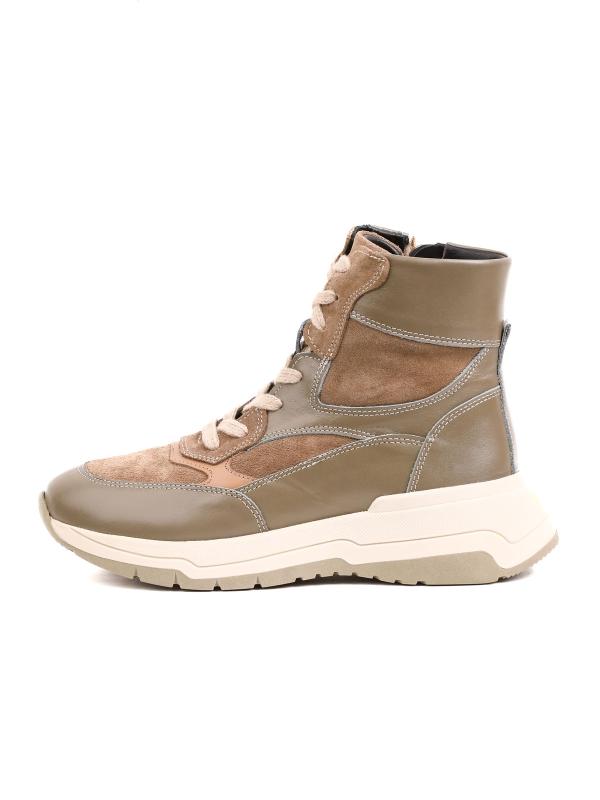 Doğal Deri ve Nubuk Kombinasyonlu – Zeytin Yeşili Spor Tarz Kadın Botu