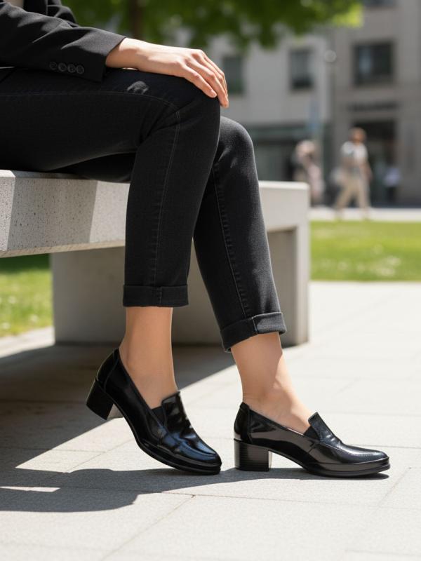 Qara Təbii Laklı Dəri Blok Dabanlı Qadın Ayaqqabısı