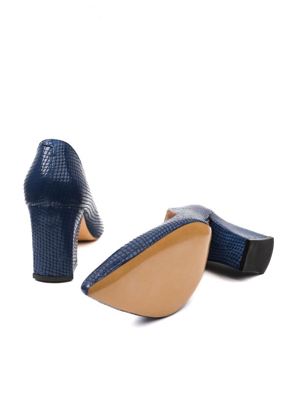 Doğal Deri Lacivert Yılan Desenli Kalın Topuklu Kadın Ayakkabı (7 cm)