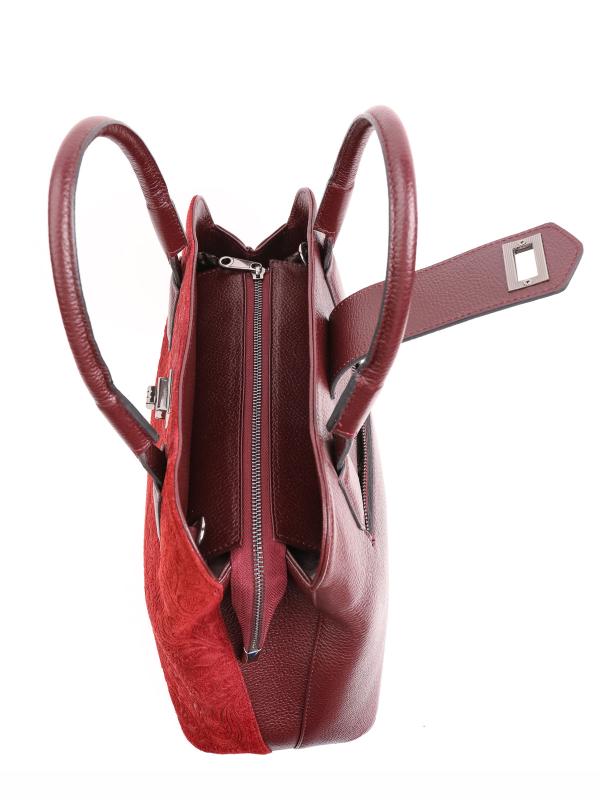 Patterned Suede Detailed Genuine Leather Women's Handbag - Bordeaux