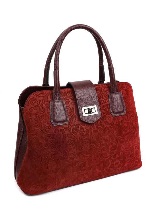 Patterned Suede Detailed Genuine Leather Women's Handbag - Bordeaux