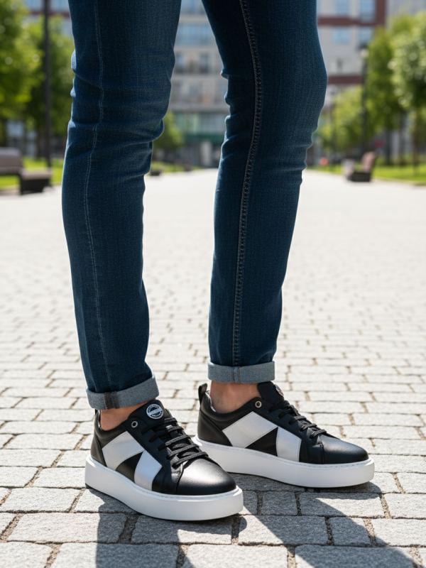 Kişi Həqiqi Dəri Gündəlik Sneaker – Kontrast Ağ Zolaqlı Model