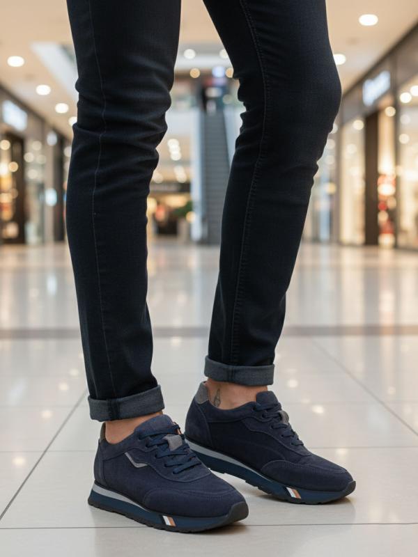 Natural Nubuk Dəri Tünd Göy Kişi Sneaker