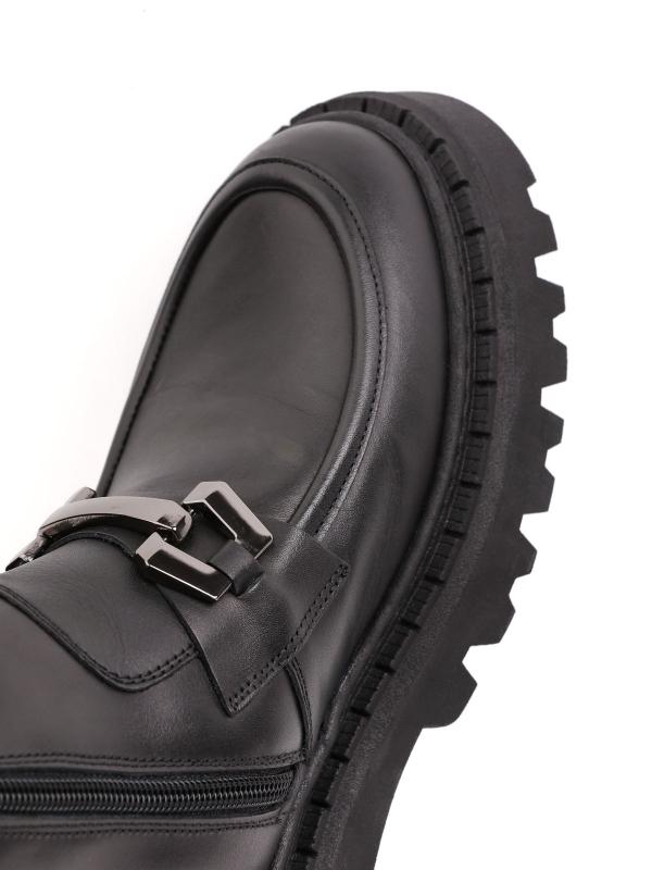 Qara Təbii Dəri, Zəncir Detallı Qalın Altlıqlı Qadın Botu