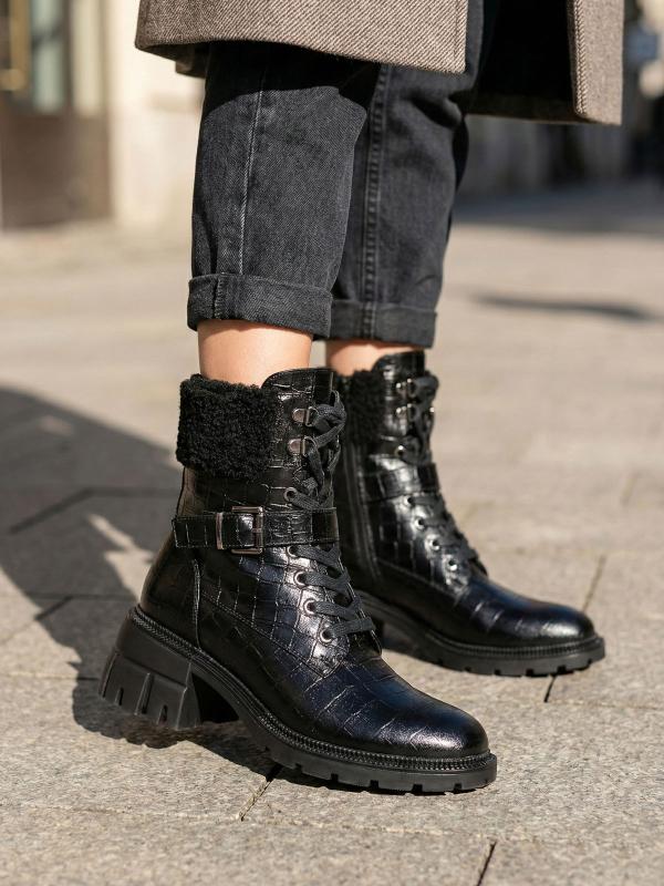 Premium Krokodil Naxışlı Qara Təbii Dəri Qadın Botu