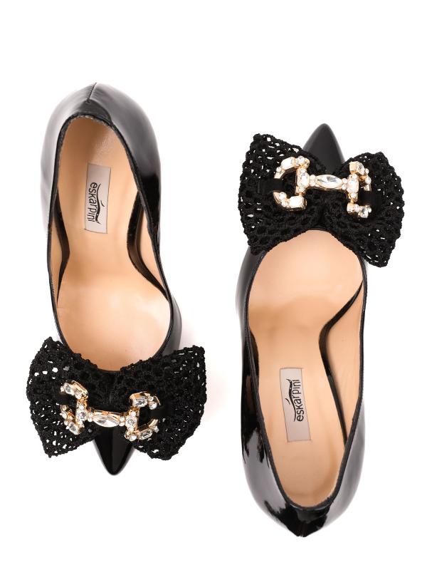 Qara Təbii Laklı Dəri Gupur Bantlı və Daşlı Aksesuarlı Stiletto - 10 sm