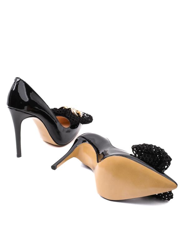 Qara Təbii Laklı Dəri Gupur Bantlı və Daşlı Aksesuarlı Stiletto - 10 sm