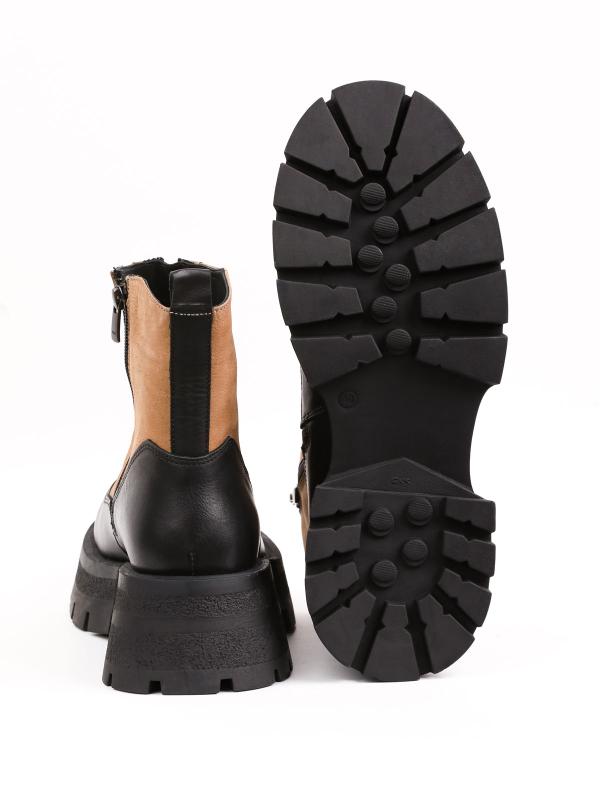 Önü Fermuarlı və Qalın Dabanlı İkirəngli Həqiqi Dəri Qadın Botu