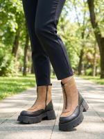 Önü Fermuarlı və Qalın Dabanlı İkirəngli Həqiqi Dəri Qadın Botu