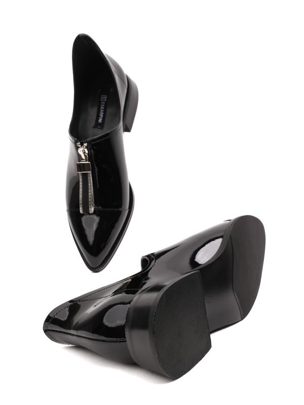 Qara Laklı Təbii Dəri – Önü Fermuarlı Sivri Burun Qadın Ayaqqabısı