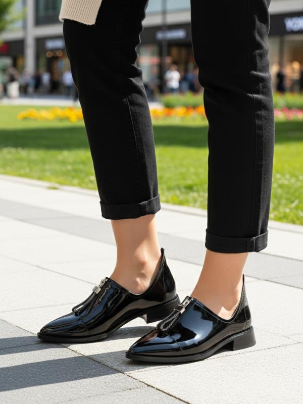 Qara Laklı Təbii Dəri – Önü Fermuarlı Sivri Burun Qadın Ayaqqabısı