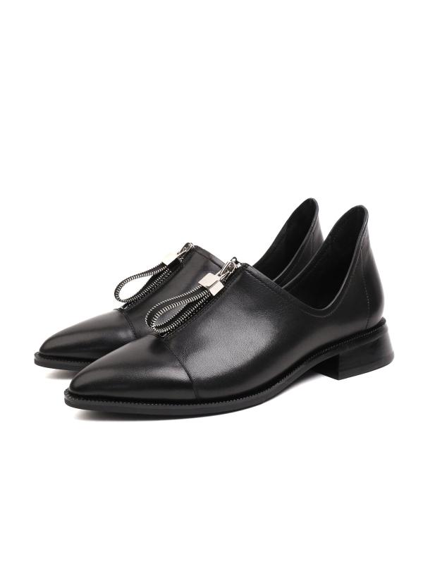 Fermuar Detallı Təbii Dəri Sivri Burun Qadın Ayaqqabı