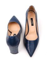 Təbii Dəri Tünd Göy İlan Naxışlı Qalın Dabanlı Qadın Ayaqqabısı (7 sm)