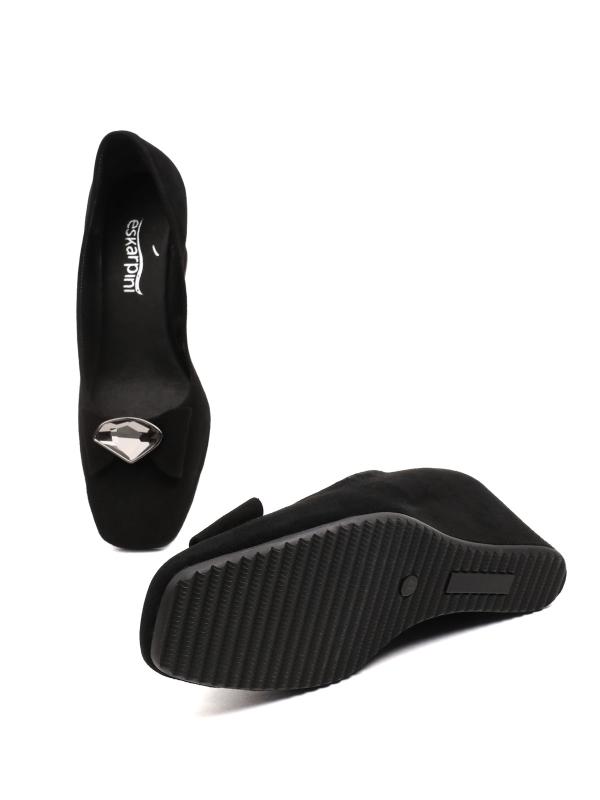 Qadın Üçün Qara Təbii Zamşa Daşlı və Dolğu Daban Gündəlik Ayaqqabı