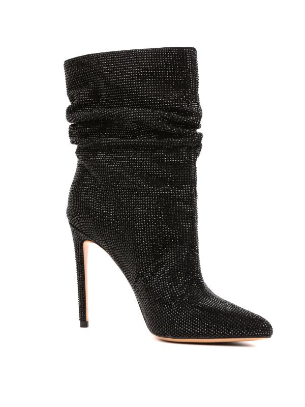 Черные Нубуковые Полусапоги с Кристаллами и Эффектом Драпировки (10 см)